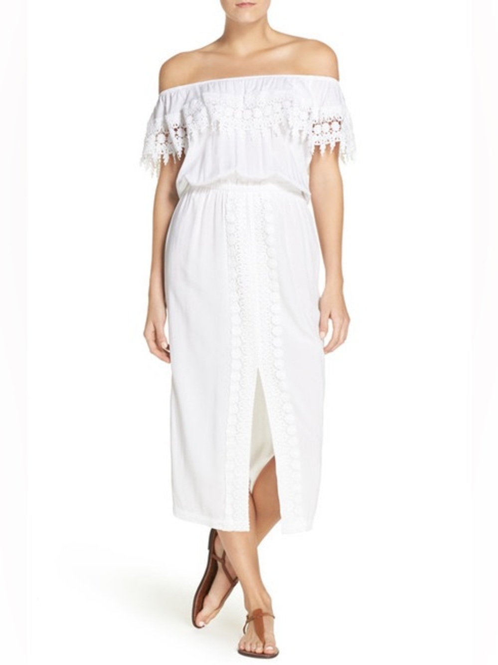 La Blanca Costa Brava Off The Shoulder Midi Dress Swim Cover Up White Lace M NWT